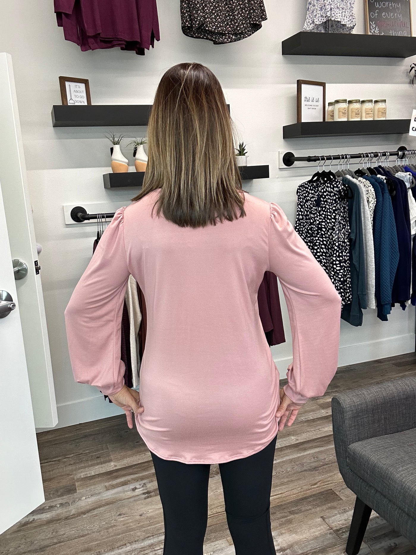Blush Long-Sleeve Crewneck Knit Top with Cuffs