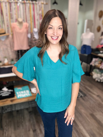 Teal Bell Sleeve Blouse - Rose Grace Boutique 