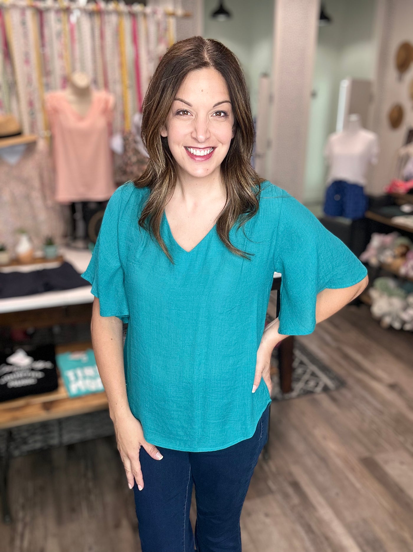 Teal Bell Sleeve Blouse - Rose Grace Boutique 