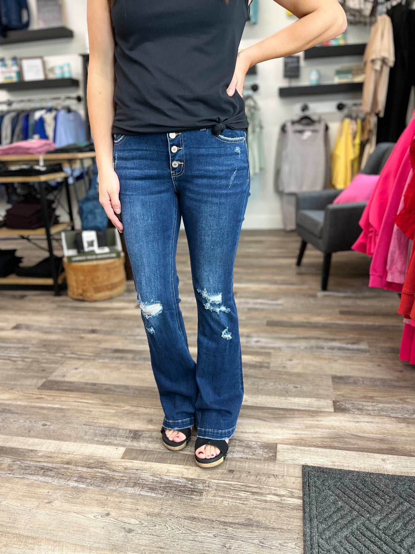 Blaire Dark Wash Mid Rise Distressed Flare KanCan Jeans - Rose Grace Boutique 