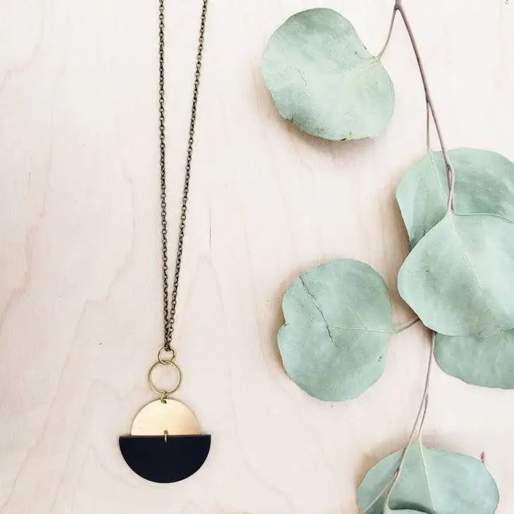 Geometric Black Leather Half Moon Necklace