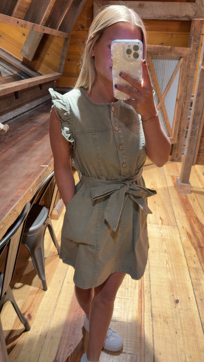 Washed Chambray Ruffle Detail Mini Dress