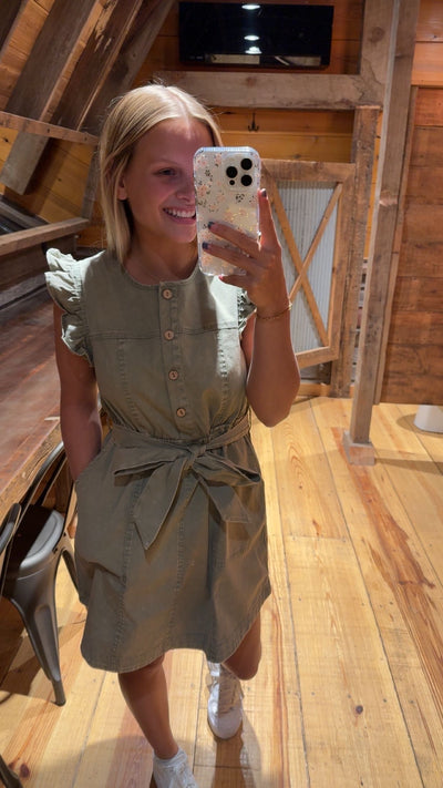 Washed Chambray Ruffle Detail Mini Dress