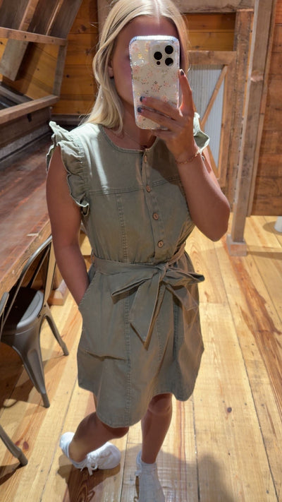 Washed Chambray Ruffle Detail Mini Dress