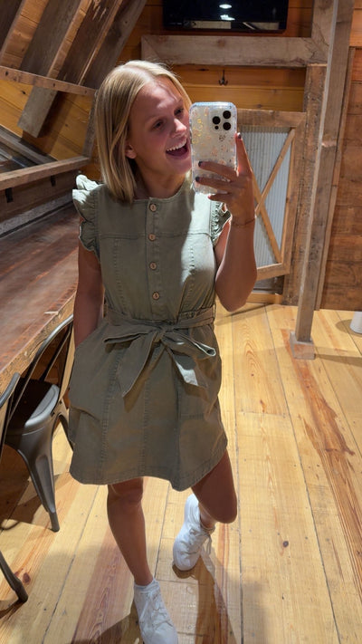 Washed Chambray Ruffle Detail Mini Dress