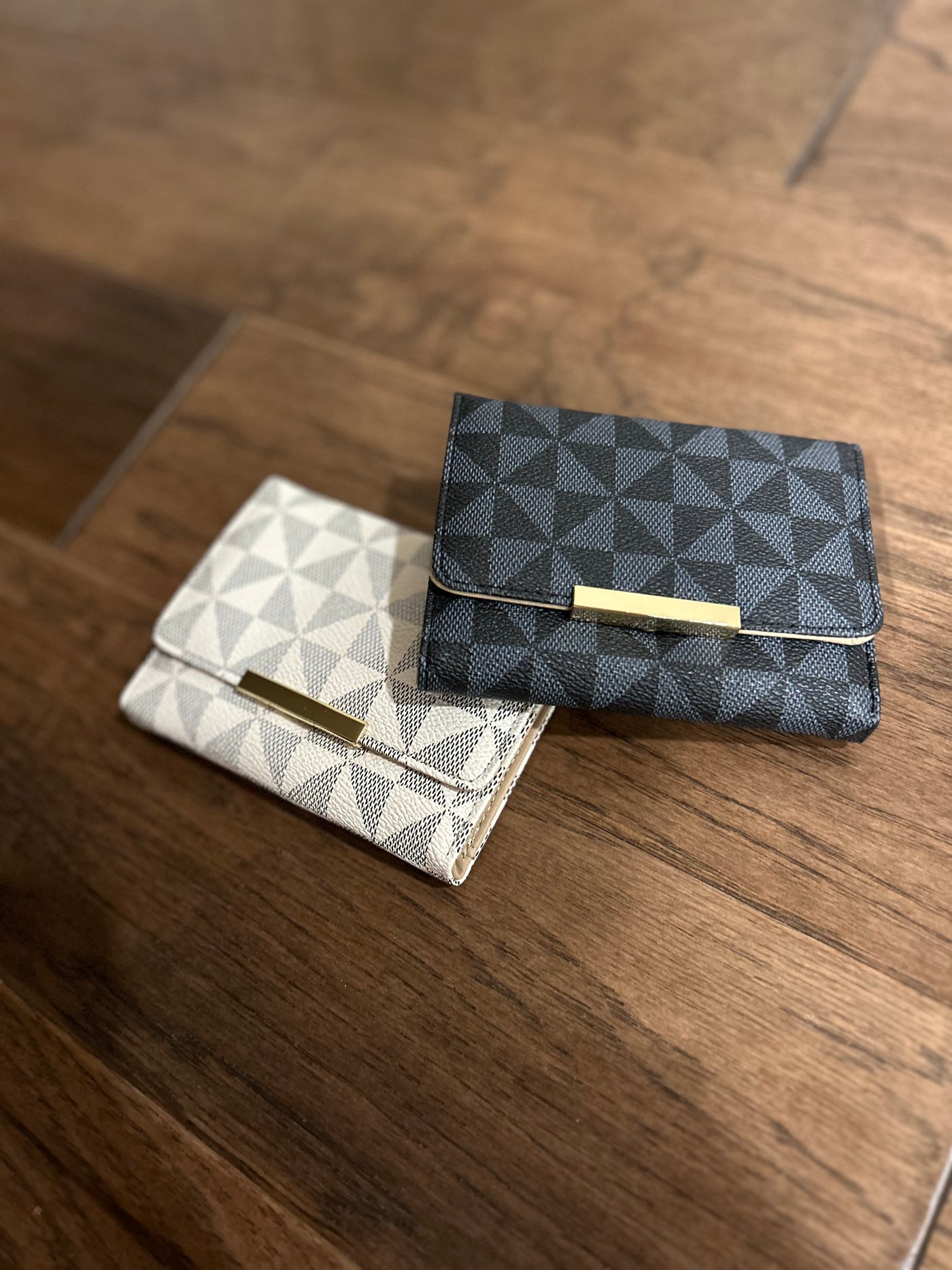 Triangle Checkered Saffiano Leather Tri-Fold Wallet