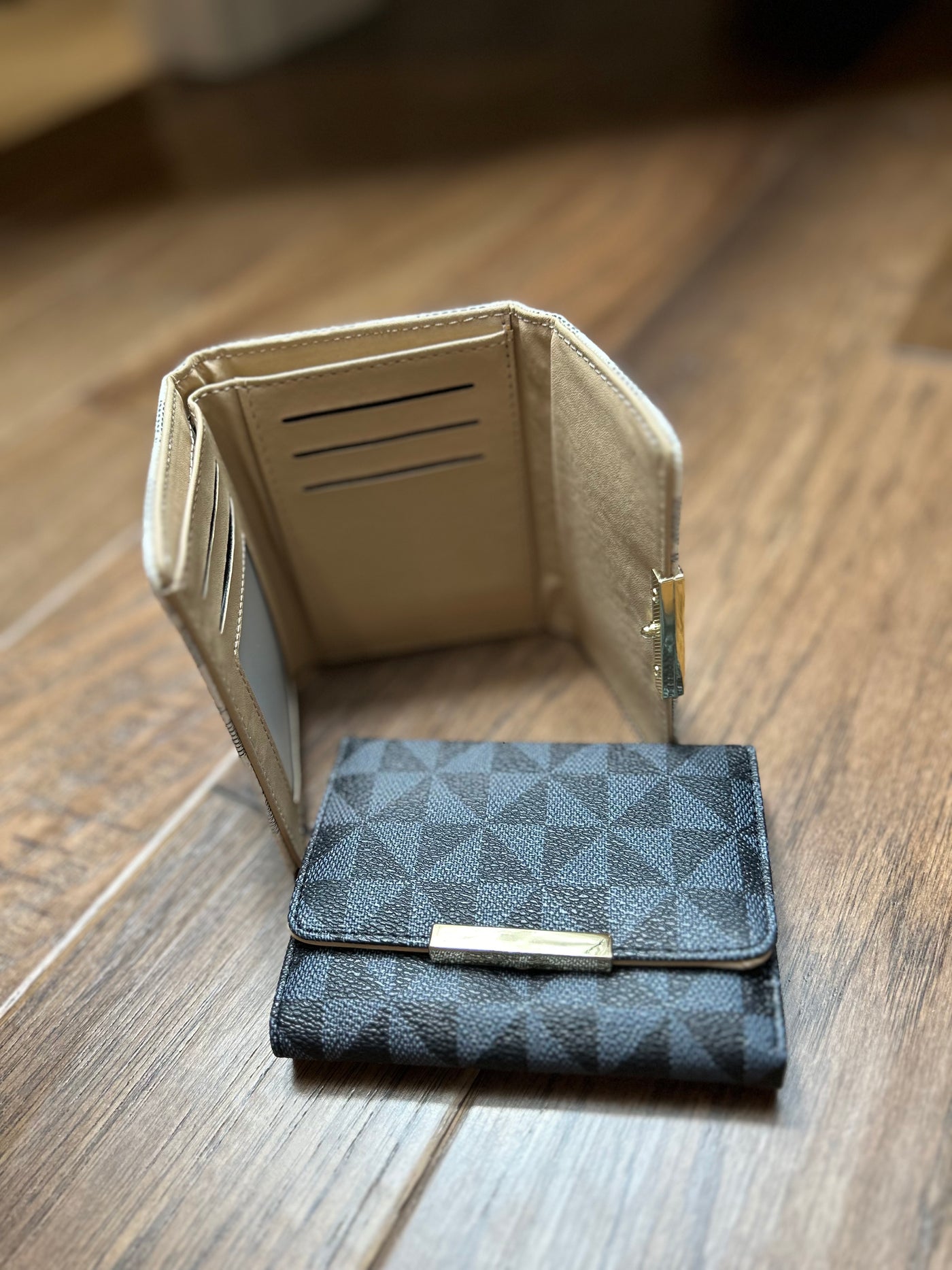 Triangle Checkered Saffiano Leather Tri-Fold Wallet