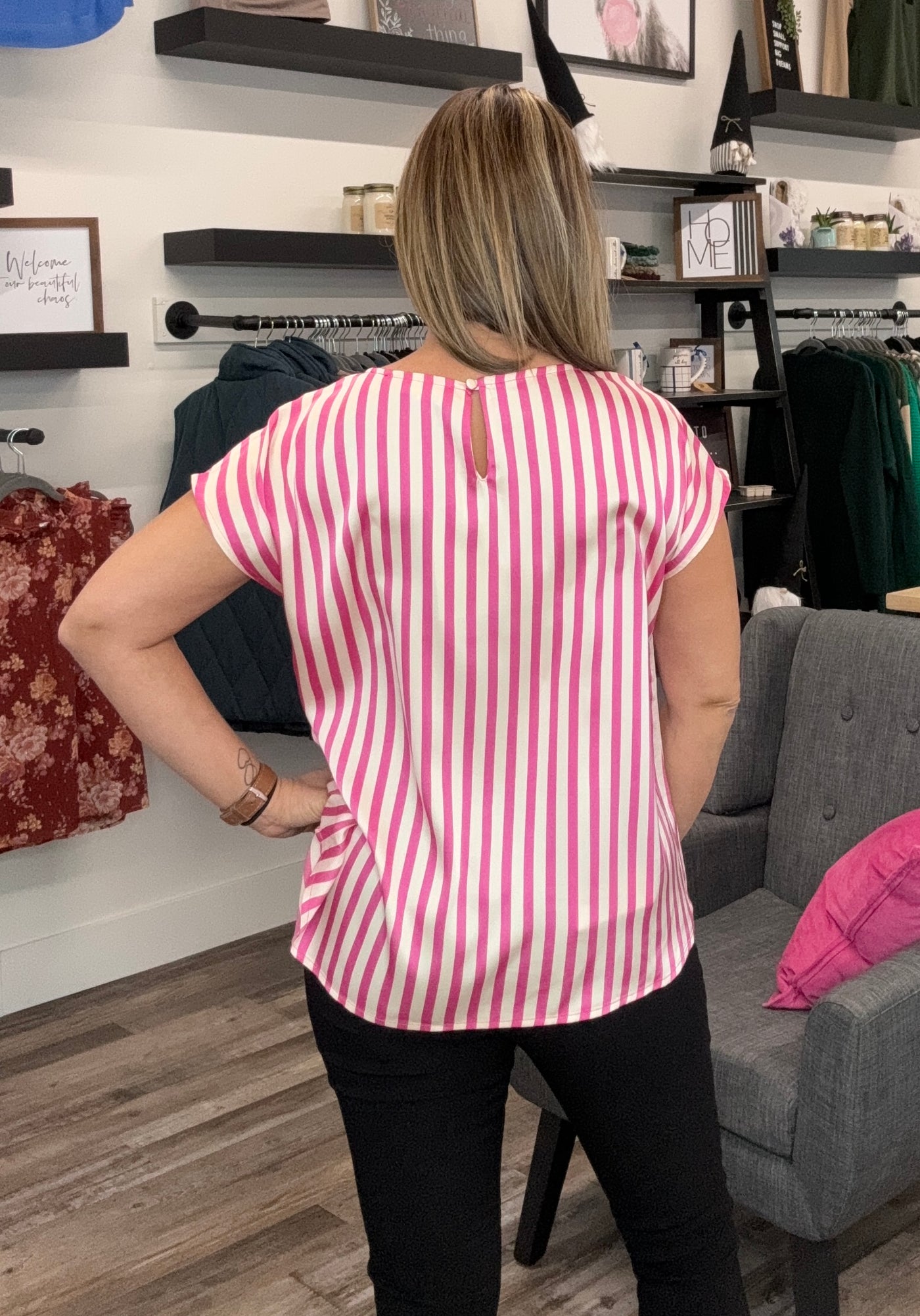 Hot Pink Striped Cap Sleeve Blouse