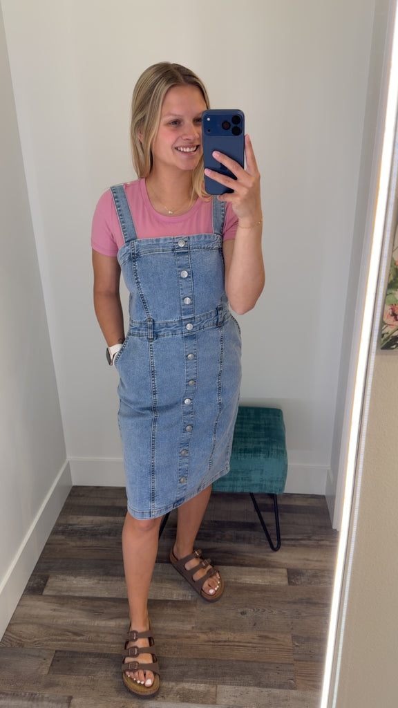 Straight Neckline Button Down Placket Stretch Denim Dress – Rose Grace Boutique