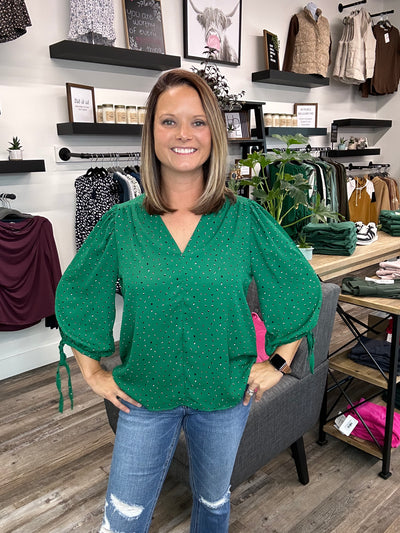 Kelly Green Printed V Neck Top with Sleeve Tie