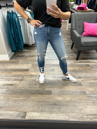 Cali High Rise Distressed Fray Hem Ankle Skinny KanCan Jean