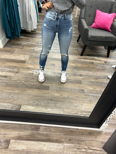 Cali High Rise Distressed Fray Hem Ankle Skinny KanCan Jean