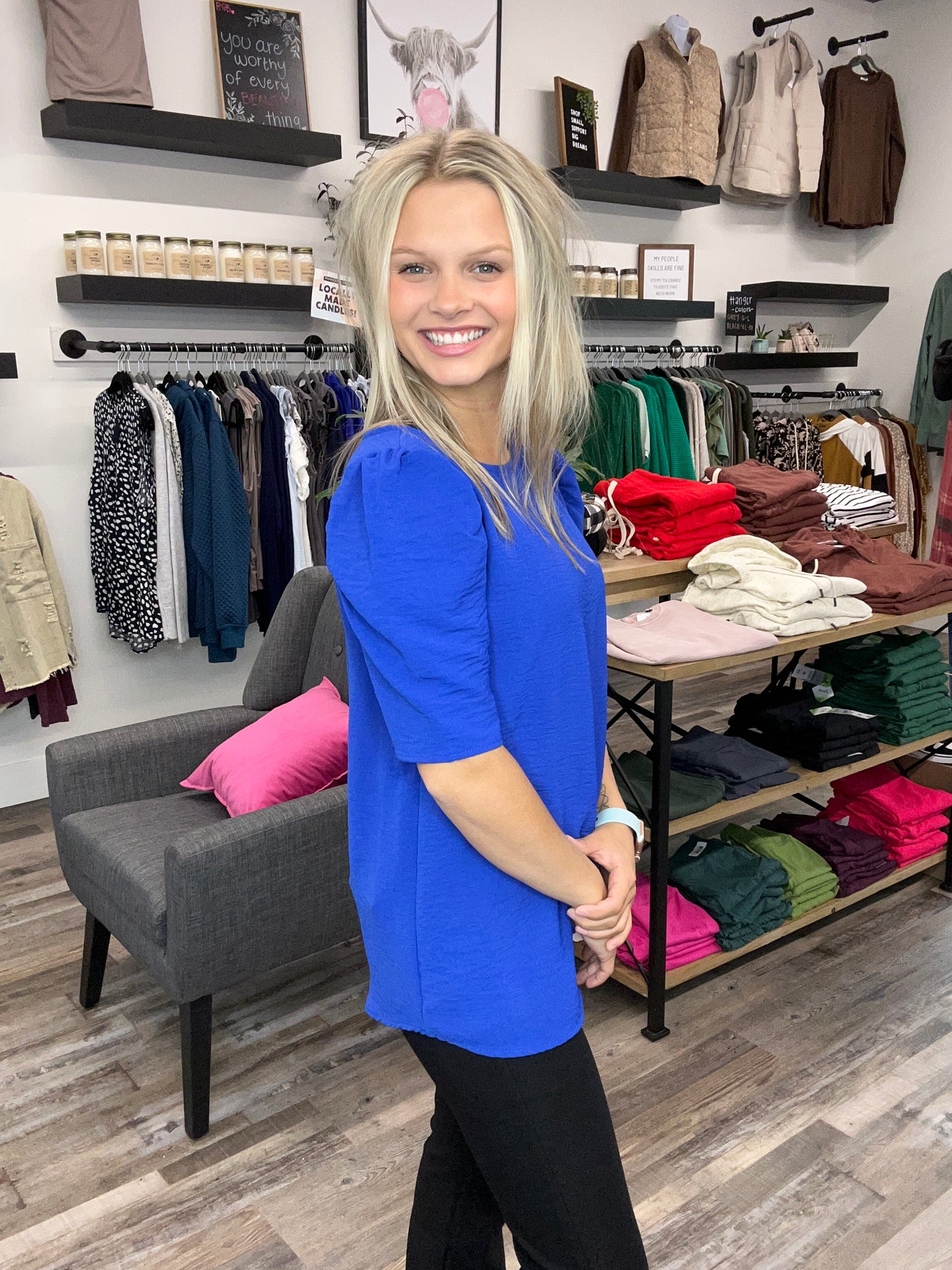 Royal Blue Solid Puff Sleeve Top