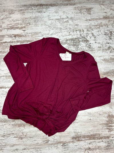 Curvy Long Sleeve Knotted Front V Neck Top