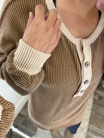 Chestnut Ribbed Long Sleeve Top w/ Button Detail
