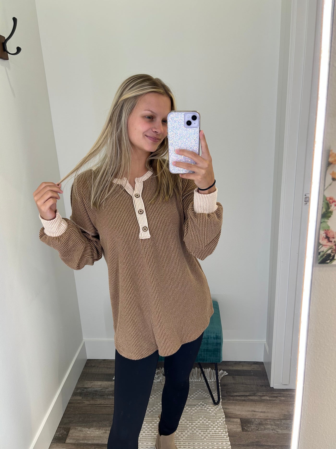 Chestnut Ribbed Long Sleeve Top w/ Button Detail