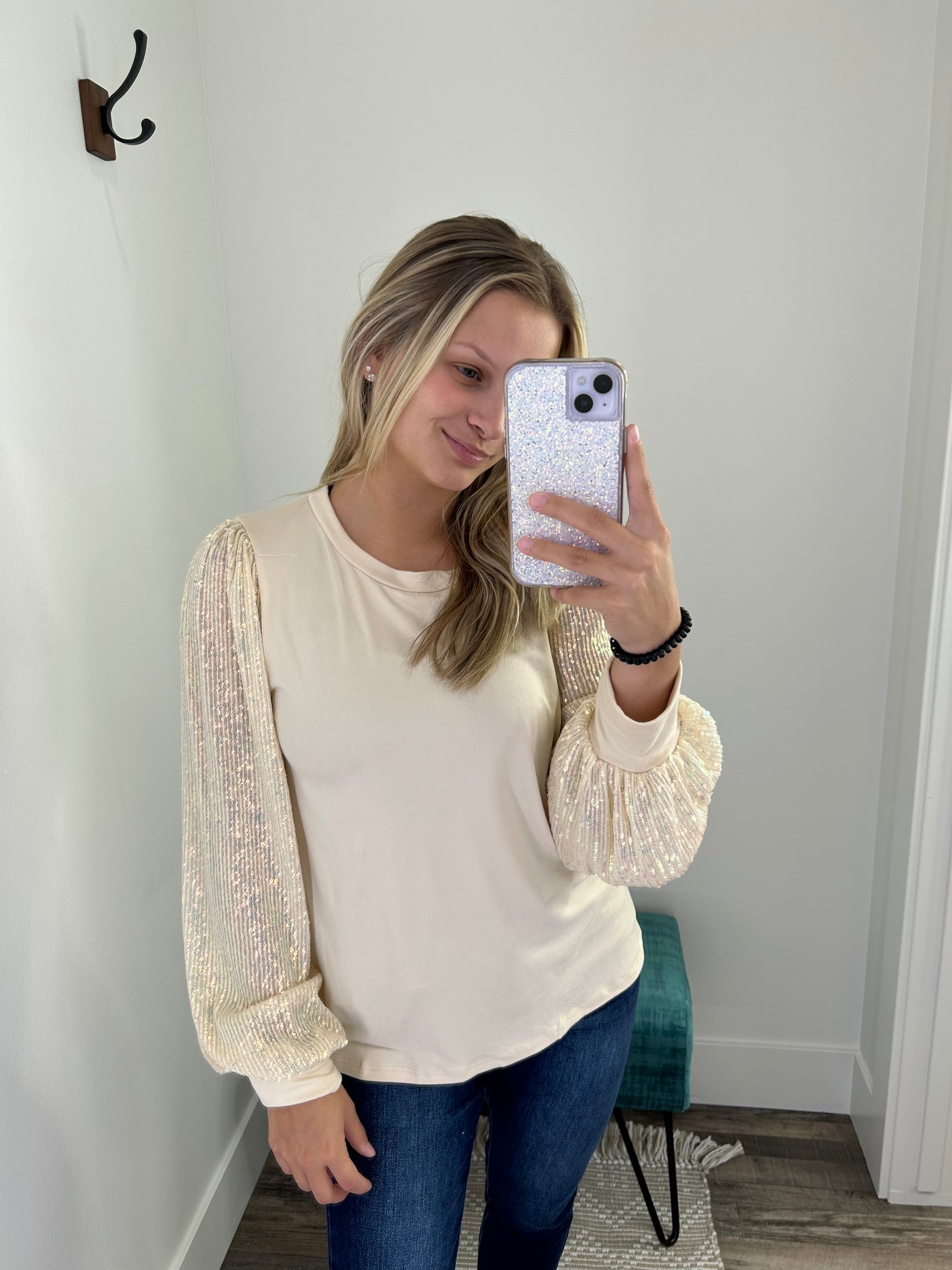 Solid Long Sleeve Top w/ Sequins Detailed Sleeves