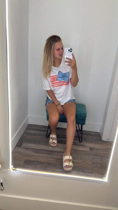 USA Flag Blue Bow Watercolor Patriotic Holiday Graphic Tee