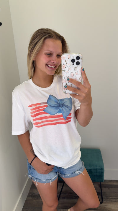 USA Flag Blue Bow Watercolor Patriotic Holiday Graphic Tee