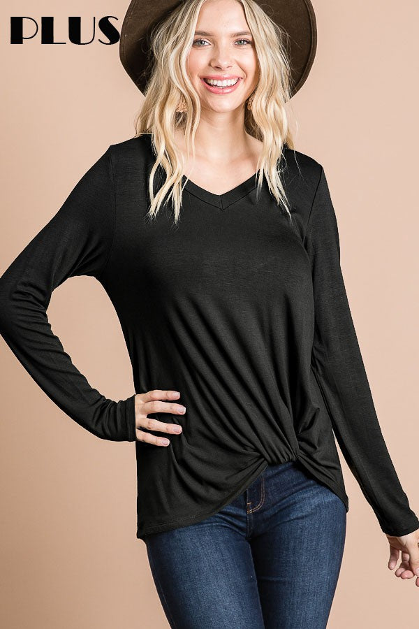 Curvy Long Sleeve Knotted Front V Neck Top