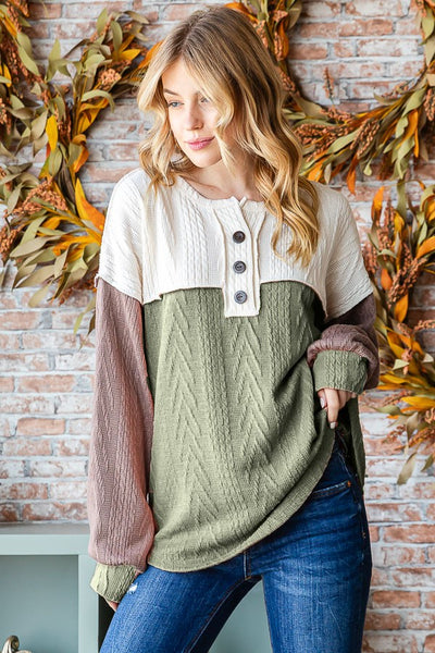 Curvy Olive Cable Knit Front Button Top