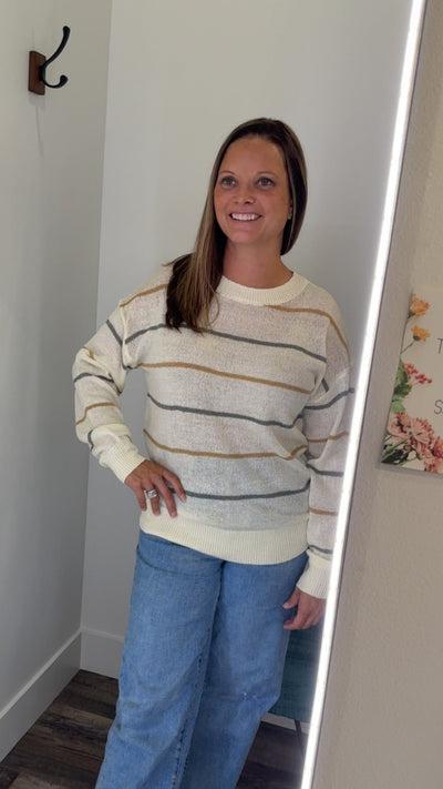 Striped Ribbed Edge Drop Shoulder Sweater