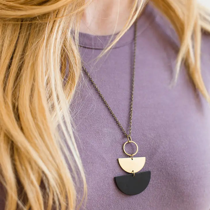Circle Black Stacked Half Moon Leather Necklace