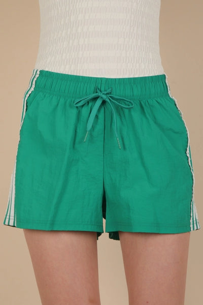 Kelly Green Side Stripe & Lace Trim Active Shorts