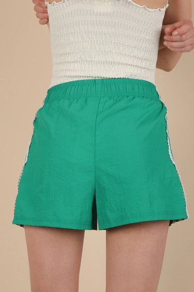Kelly Green Side Stripe & Lace Trim Active Shorts