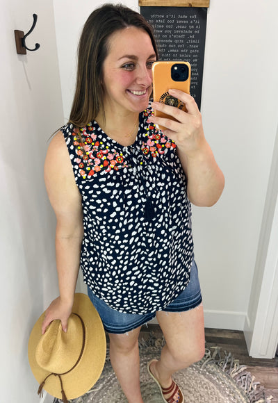 Navy Spotted Emroidered Top