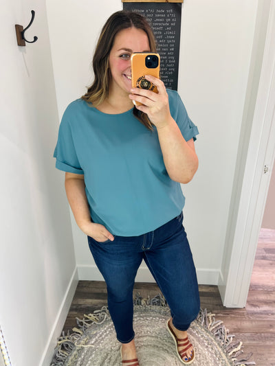 Dusty Teal Rolled Sleeve Boat Neck Top