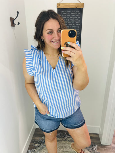 Blue Ruffle Edge Stripe V Neck Top - Rose Grace Boutique 
