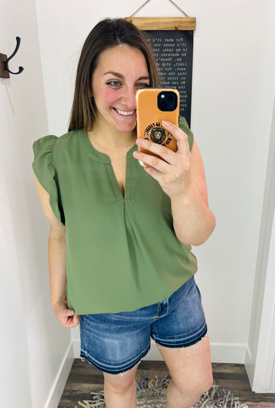 Light Olive High-Low Ruffle Sleeve Top
