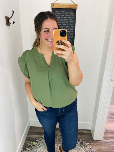 Light Olive High-Low Ruffle Sleeve Top