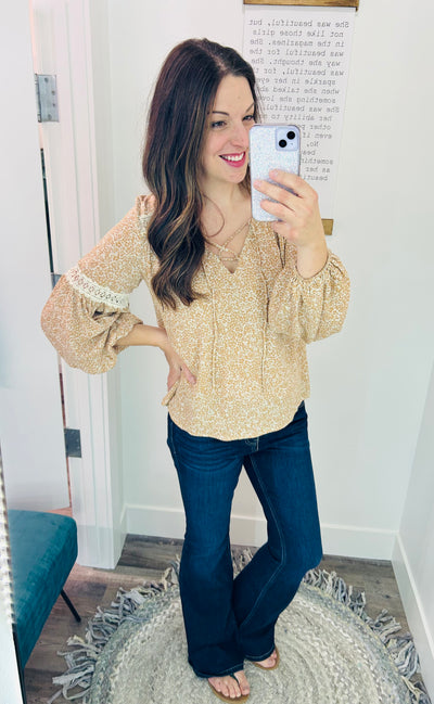 Caramel Floral Drawstring Long Sleeve Blouse - Rose Grace Boutique 