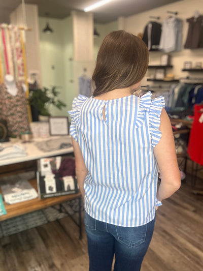 Blue Ruffle Edge Stripe V Neck Top - Rose Grace Boutique 