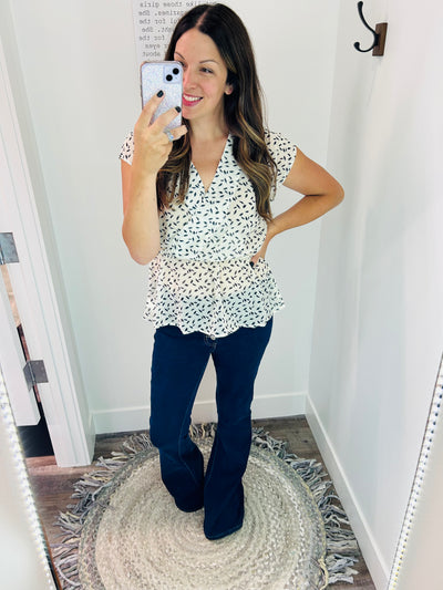 Off White Printed Surplice Peplum Top - Rose Grace Boutique 
