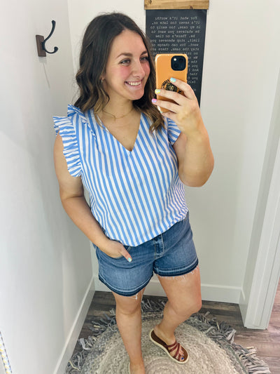 Blue Ruffle Edge Stripe V Neck Top - Rose Grace Boutique 