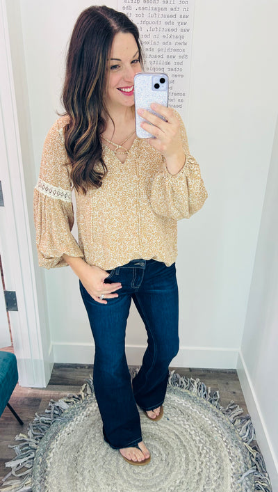 Caramel Floral Drawstring Long Sleeve Blouse - Rose Grace Boutique 