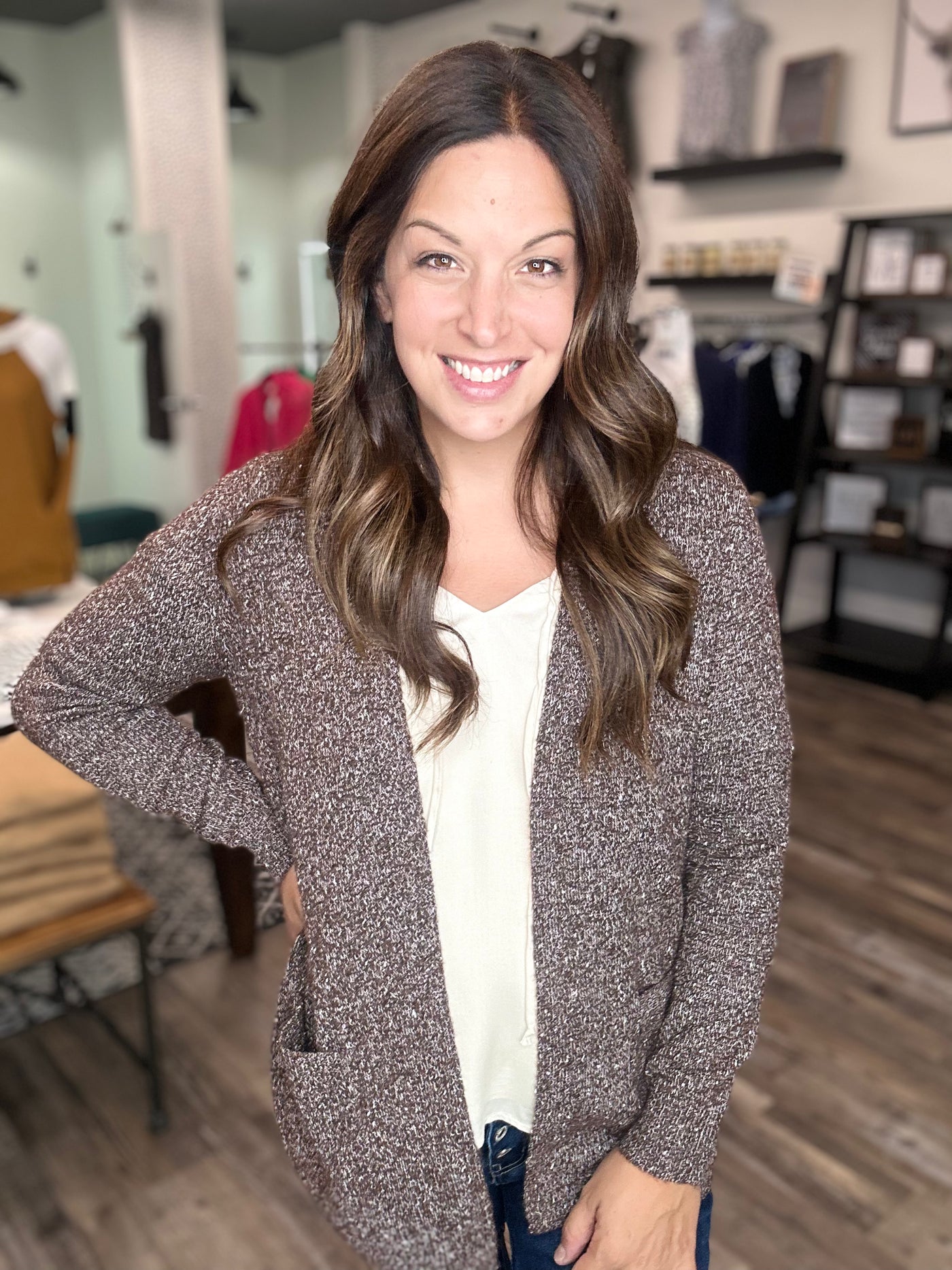 Dark Brown Sprinkled Sweater Cardigan - Rose Grace Boutique 