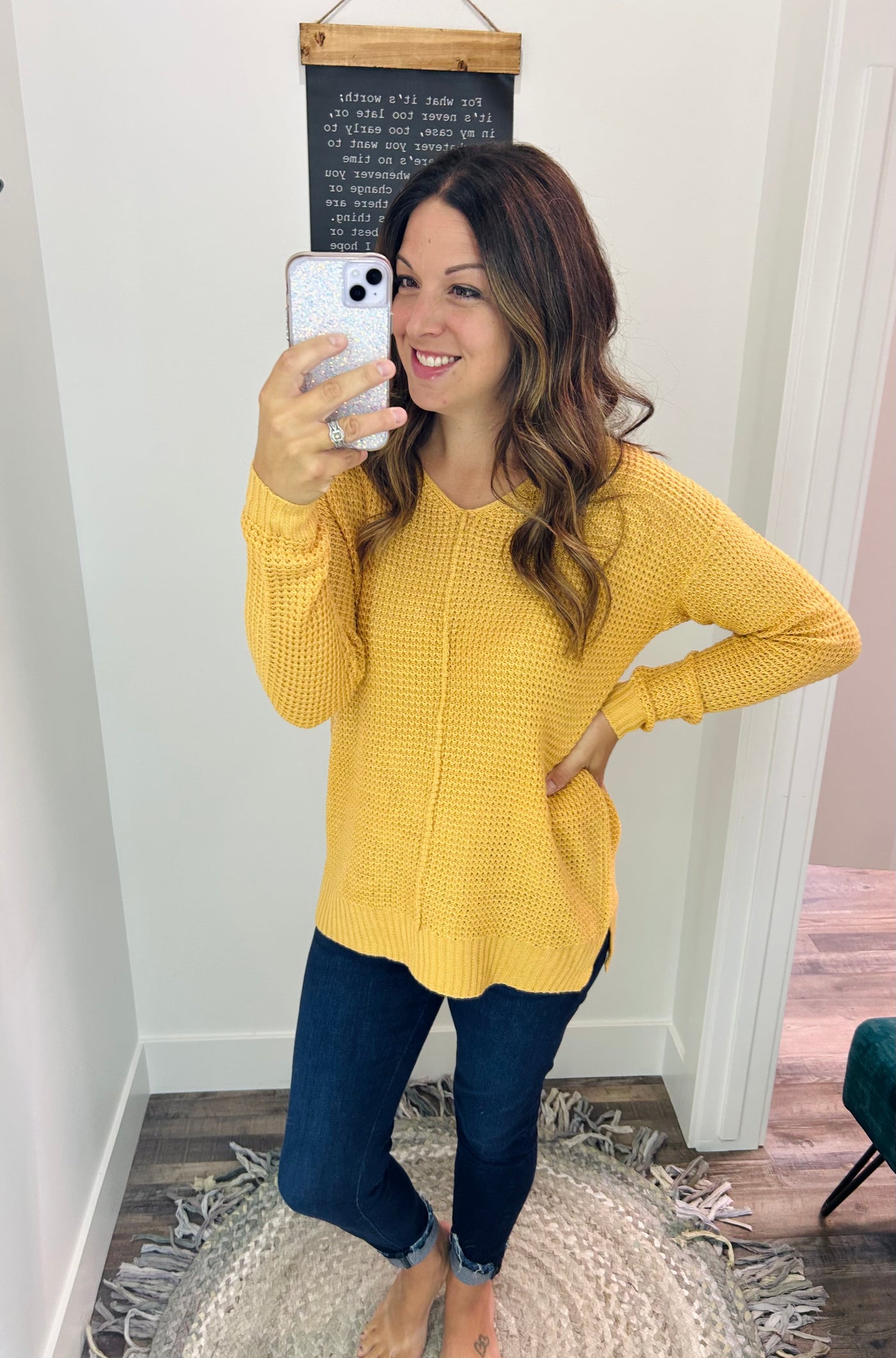 Mustard Textured Side Slit Pullover Sweater