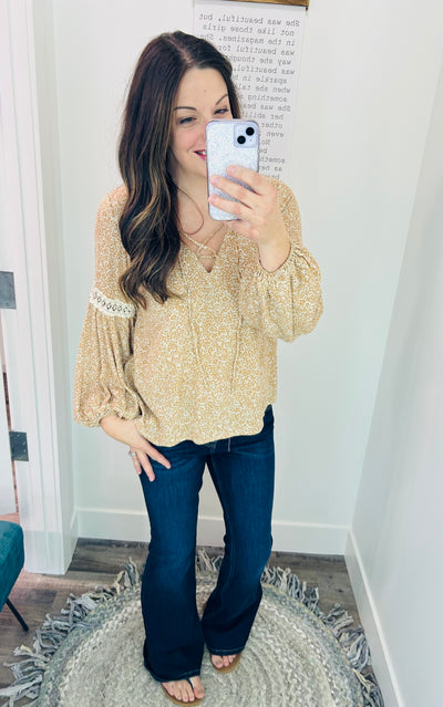 Caramel Floral Drawstring Long Sleeve Blouse - Rose Grace Boutique 
