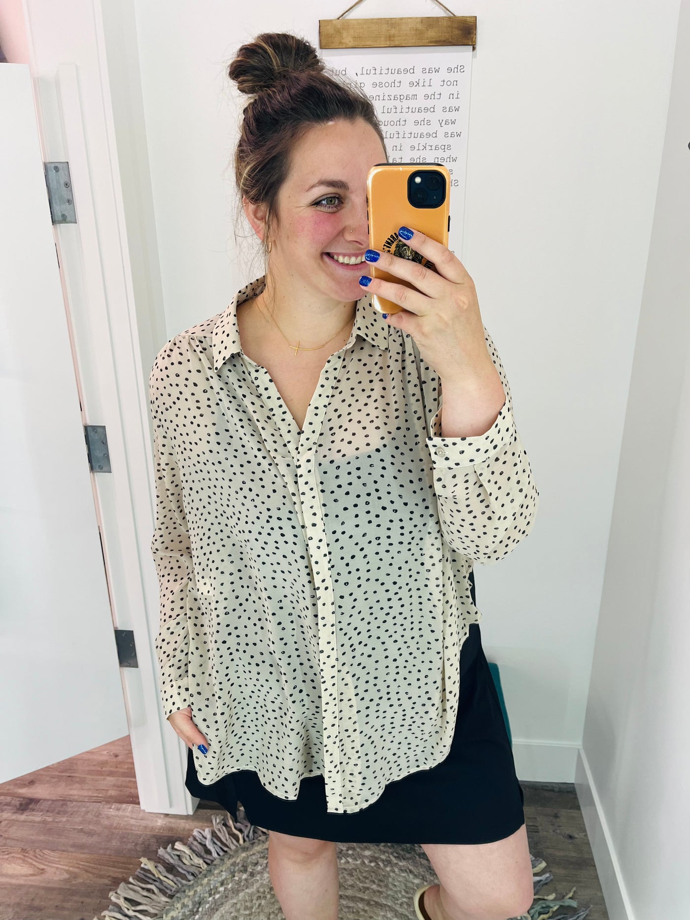 Tan Collared Dotted Button Down Top