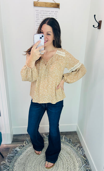 Caramel Floral Drawstring Long Sleeve Blouse - Rose Grace Boutique 