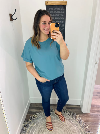Dusty Teal Rolled Sleeve Boat Neck Top