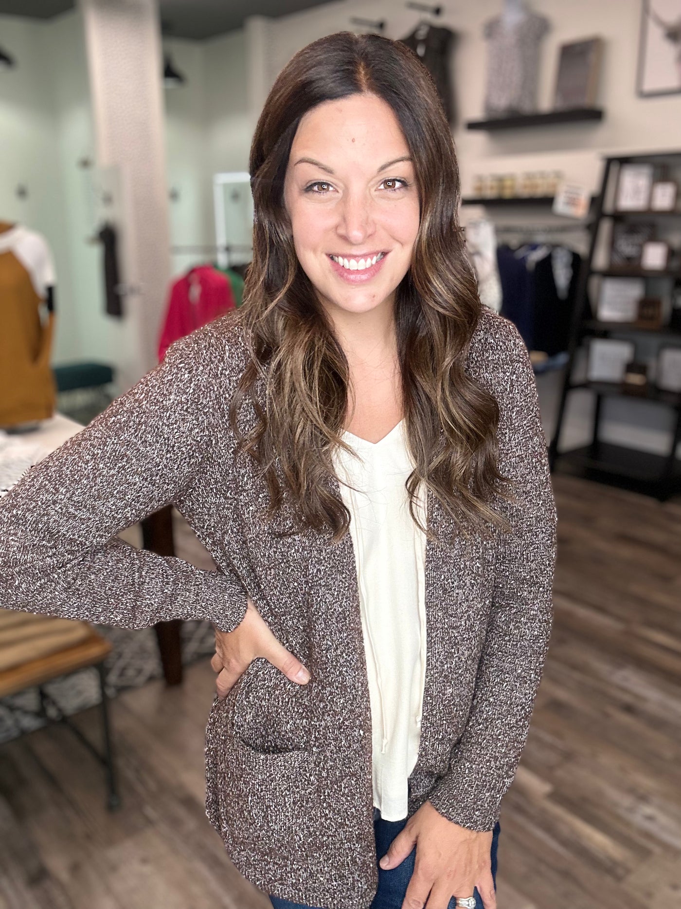 Dark Brown Sprinkled Sweater Cardigan - Rose Grace Boutique 