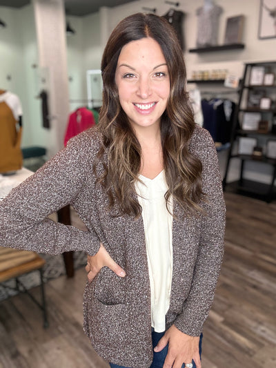 Dark Brown Sprinkled Sweater Cardigan - Rose Grace Boutique 