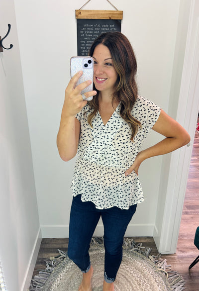 Off White Printed Surplice Peplum Top - Rose Grace Boutique 