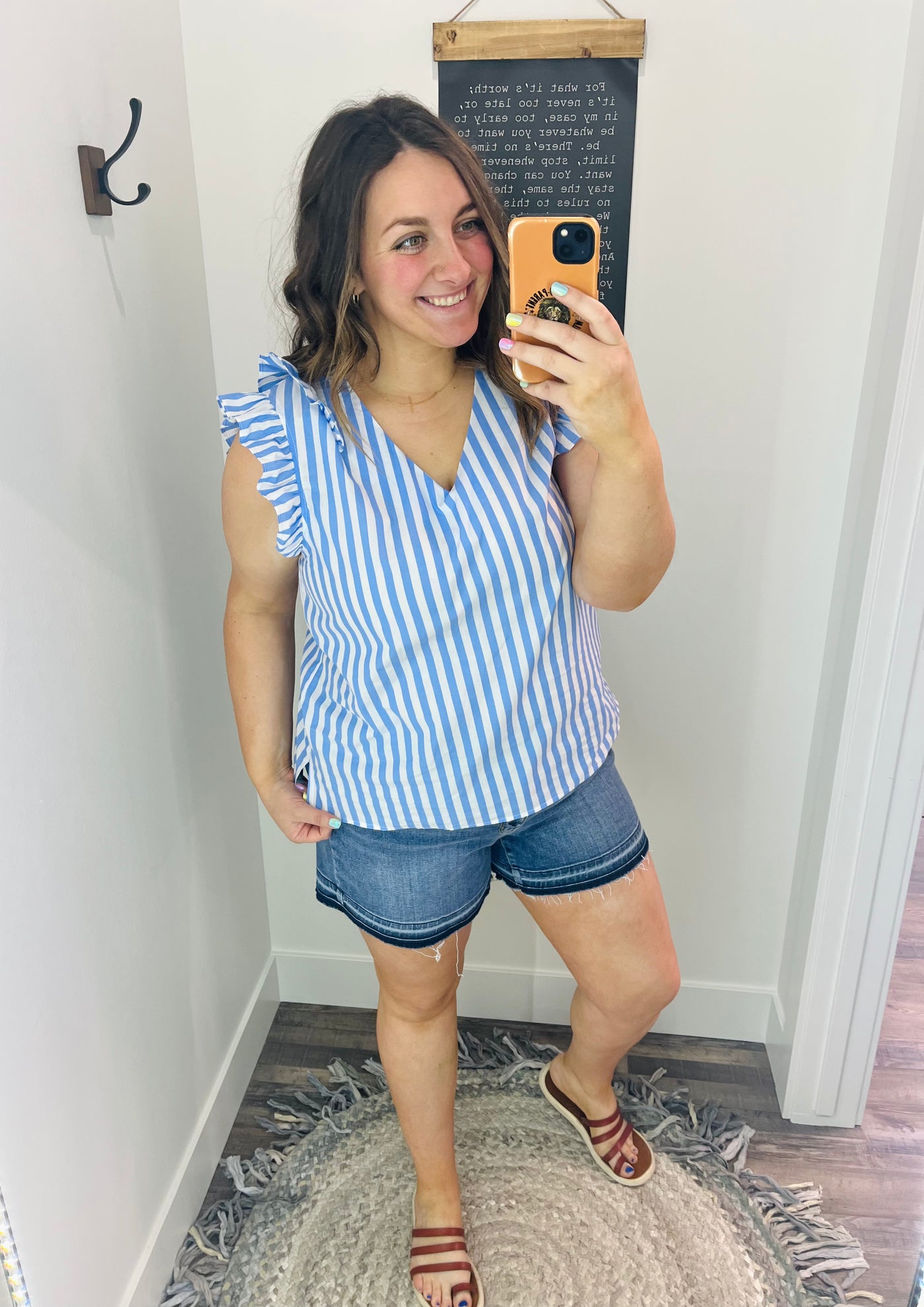 Blue Ruffle Edge Stripe V Neck Top - Rose Grace Boutique 