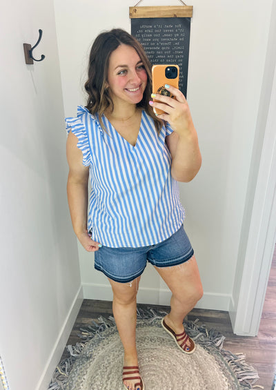 Blue Ruffle Edge Stripe V Neck Top - Rose Grace Boutique 